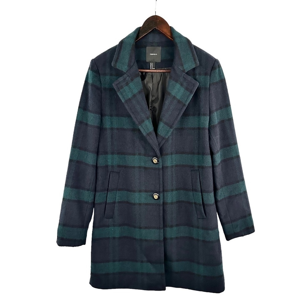 Forever 21 Navy and Green Plaid Pea Coat